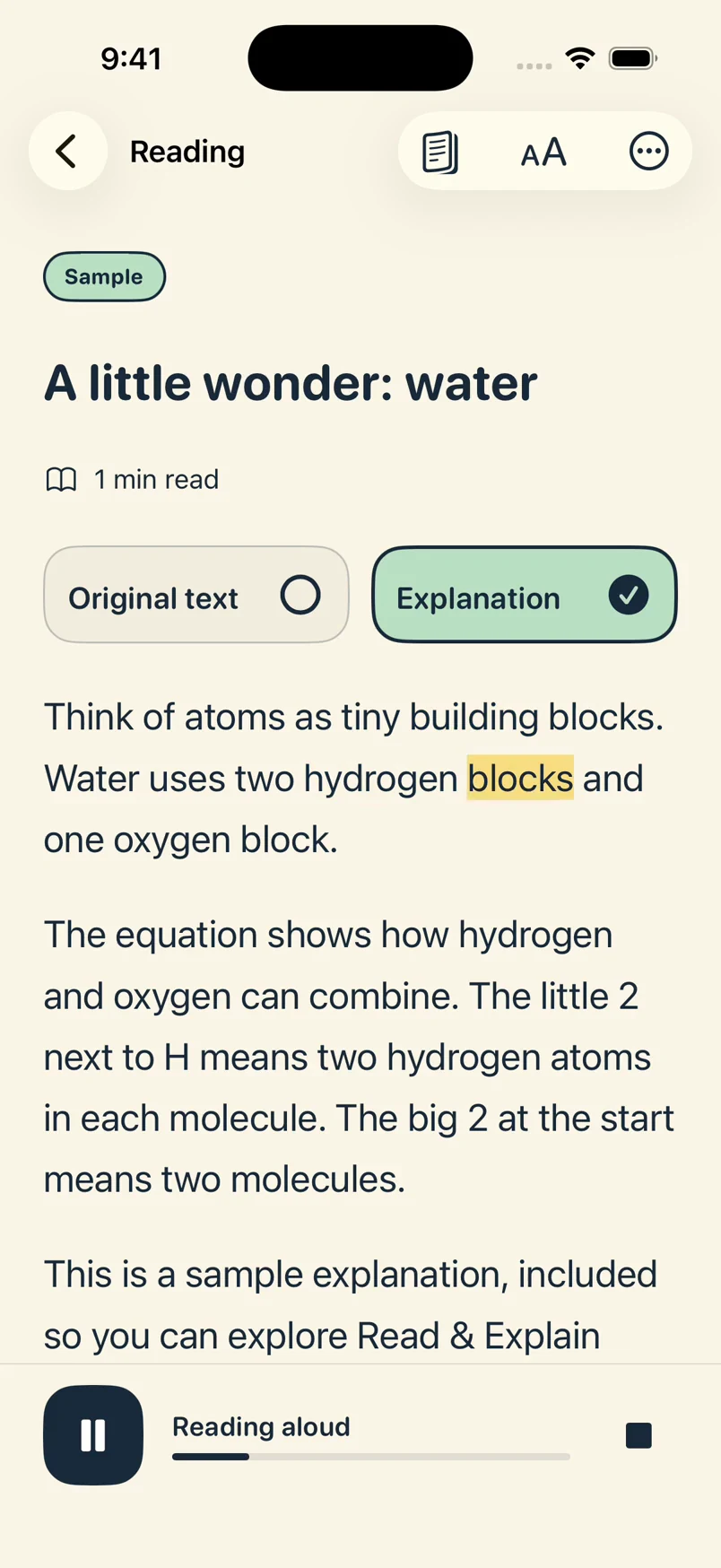 A word highlighted in the water sample while the app reads aloud, with playback controls below.