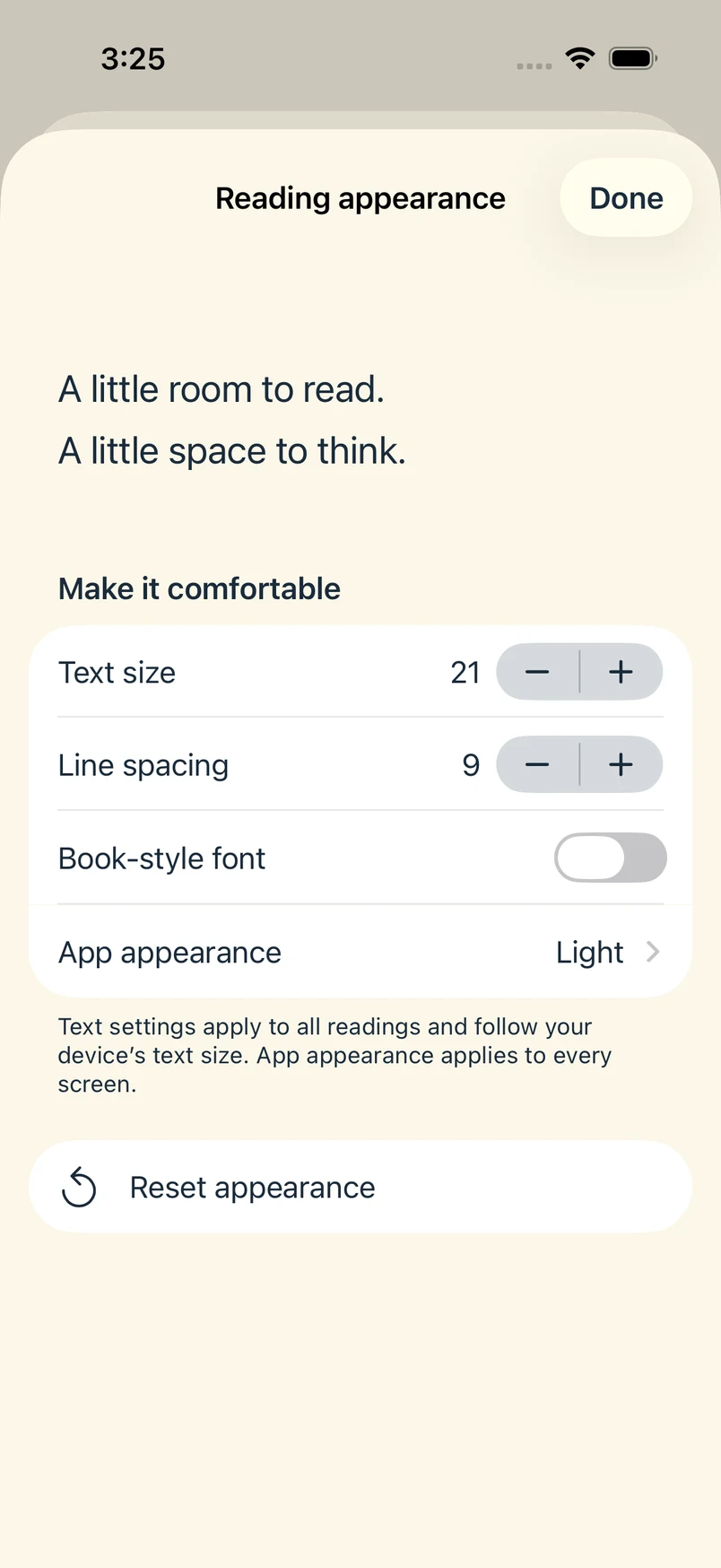 Reading appearance settings showing text size, line spacing, the book-style font, and app appearance.