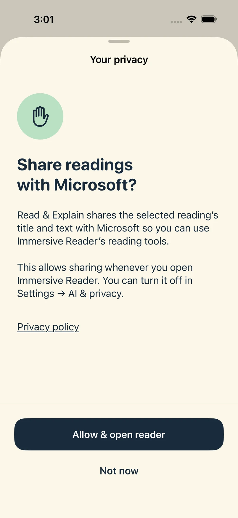 Share readings with Microsoft permission screen with Allow and open reader and Not now choices.