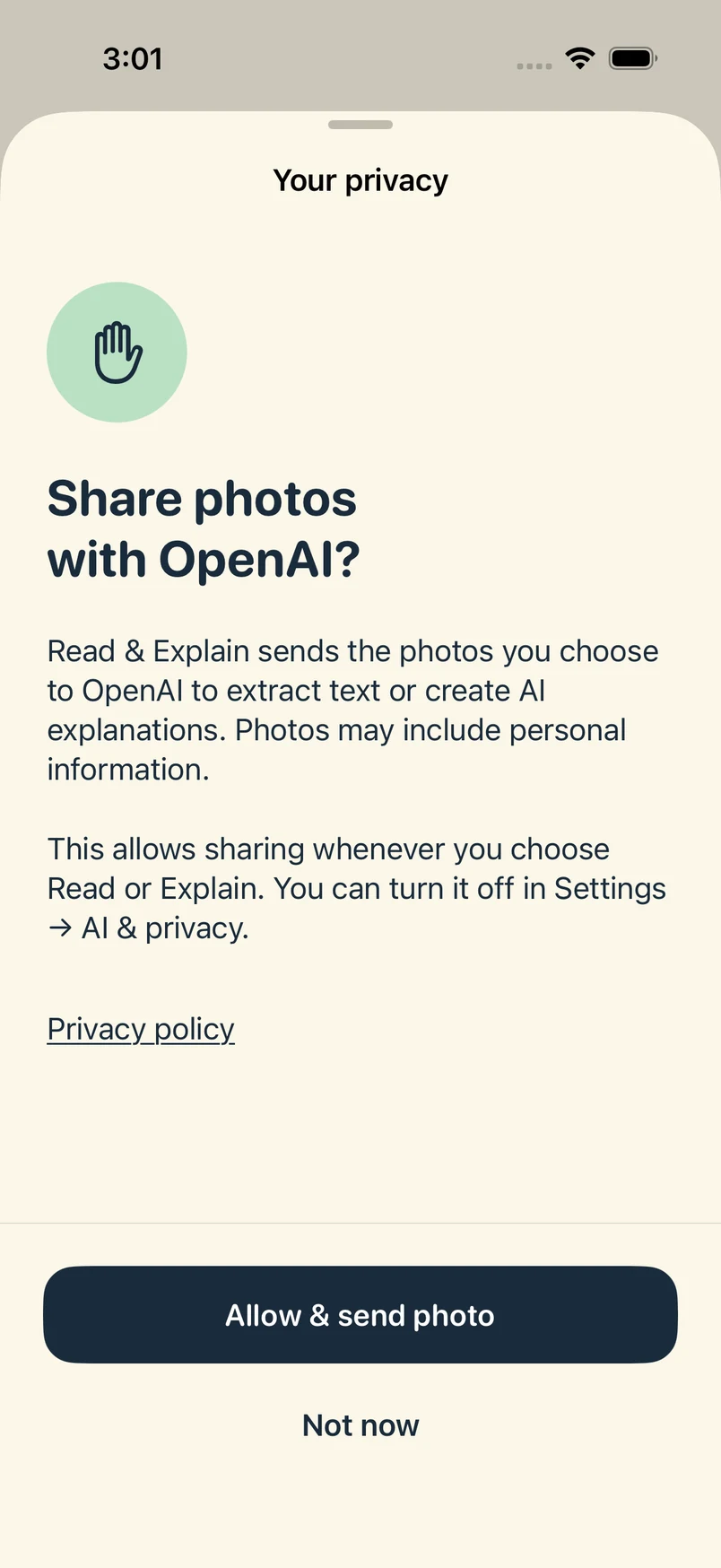 Share photos with OpenAI permission screen with Allow and send photo, Not now, and a privacy policy link.